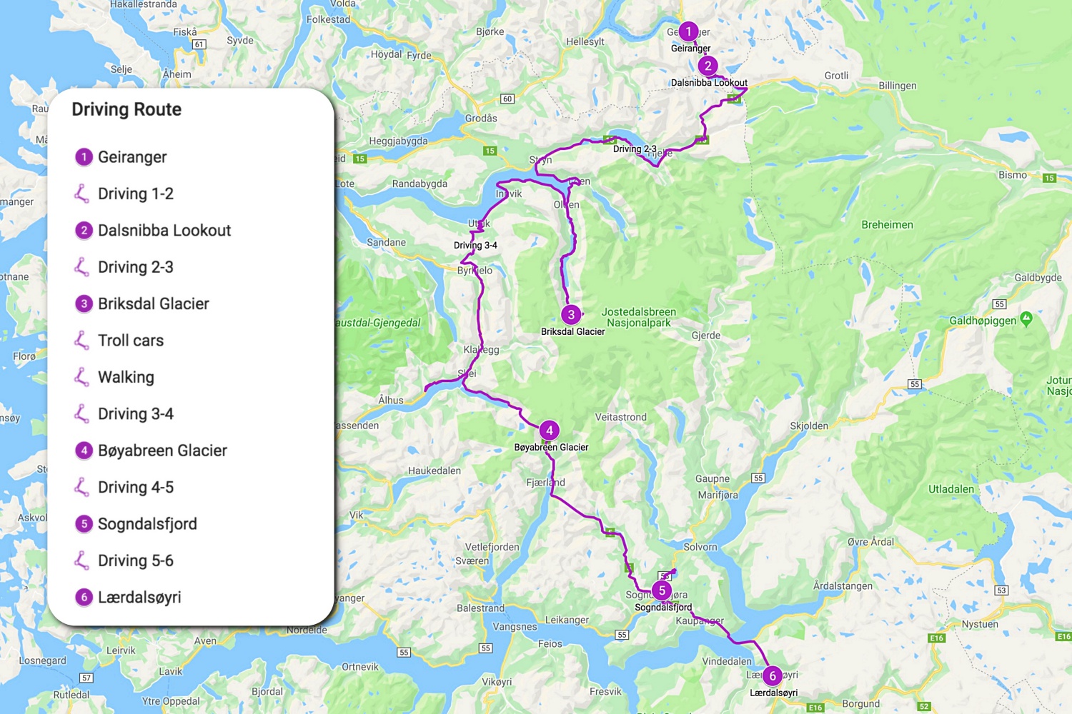 21 June - Geiranger to Laerdal map