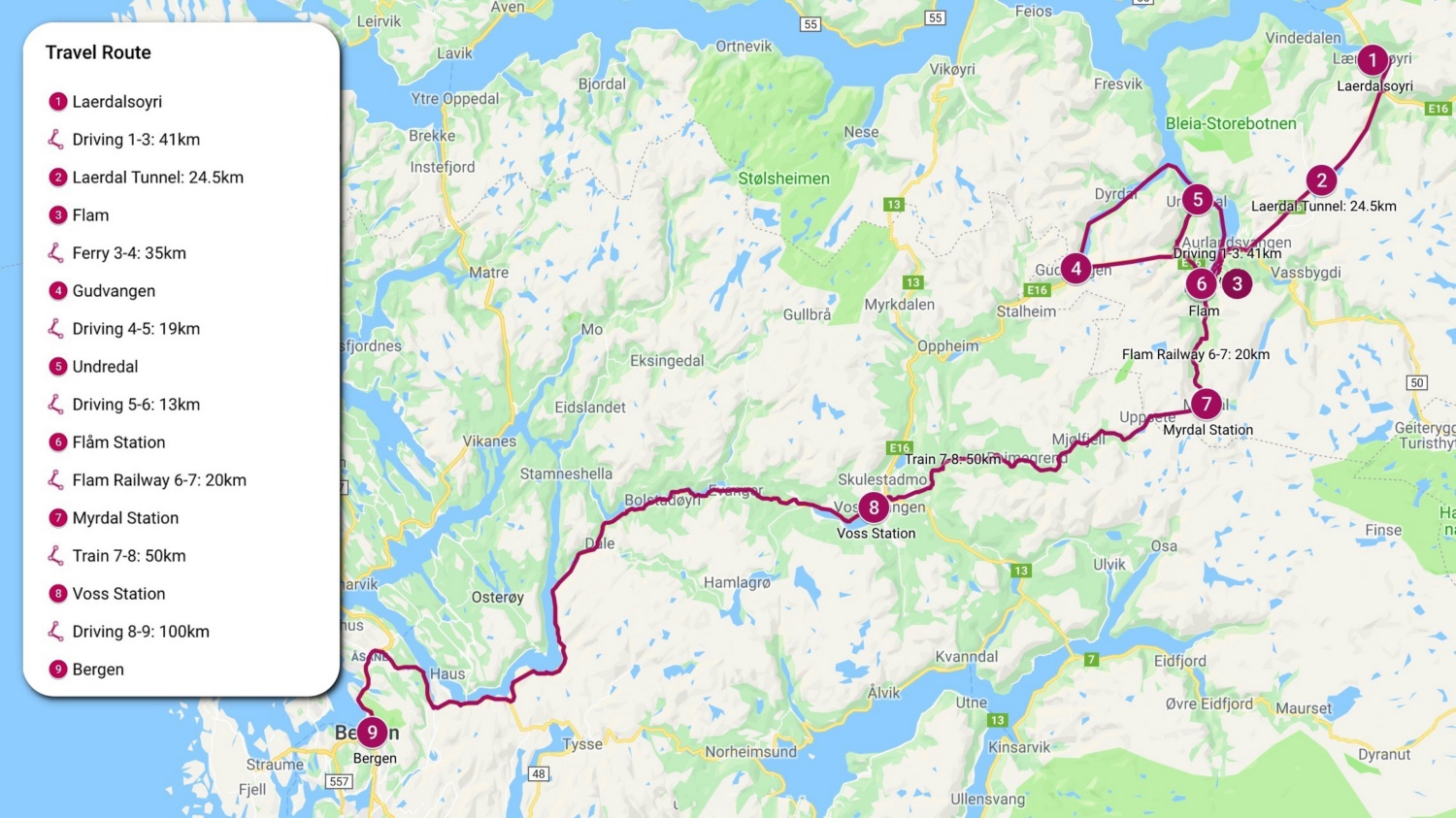 22 June - Laerdal to Bergen map