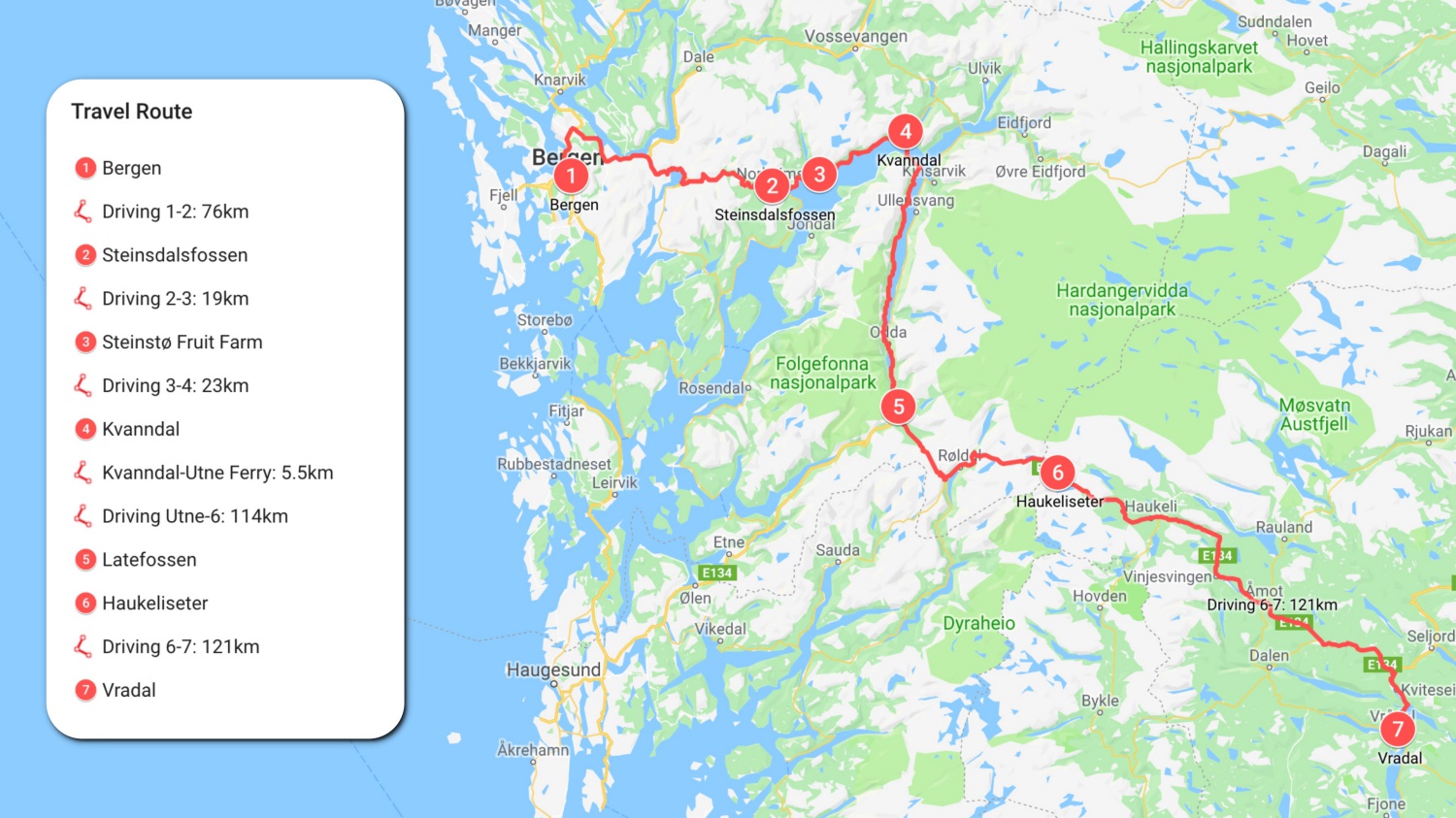 24 June - Bergen to Vradal map